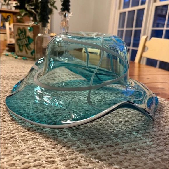 Handblown Aqua Blue Sombrero Freeform Abstract Art Glass Decorative Bowl
